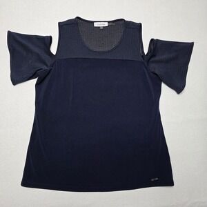 Calvin Klein Womans Blouse Top Navy Solid M Cold Shoulder Short Sleeve